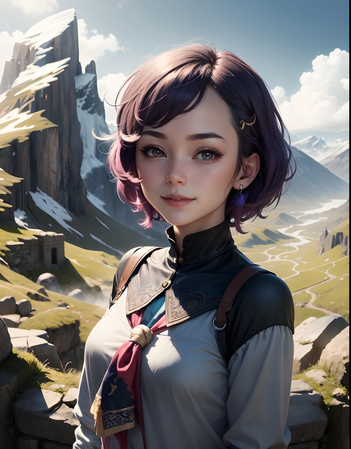 (Masterpiece, Top Quality, Best Quality, official arts, beautiful and aesthetic:1.3,Photorealistic:1.4,),  Cute:1:4,  Tsitsidef, upper-body, Smile, blusher, exteriors, Day, Simple background, blue skies, Short hair, skye, temple, looking a viewer, ladder, mountain, moody lighting,