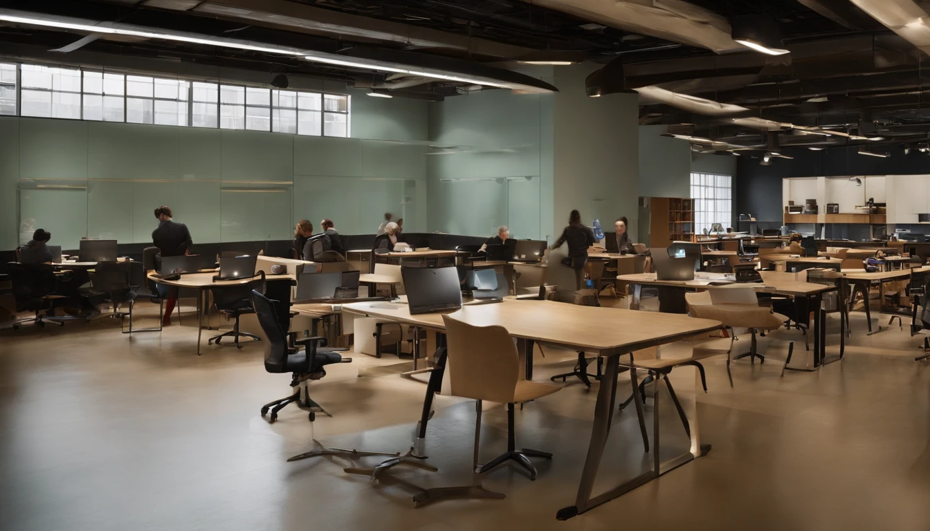 Room with table and chairs、There is a sign that says open, a picture by Miyamoto, flickr, process art, in a open-space working space, Open Office, blog-photo, big desk, Busy Room, Office/second-hand shop/Social Hall, big open floor 8 k, けもの, materia