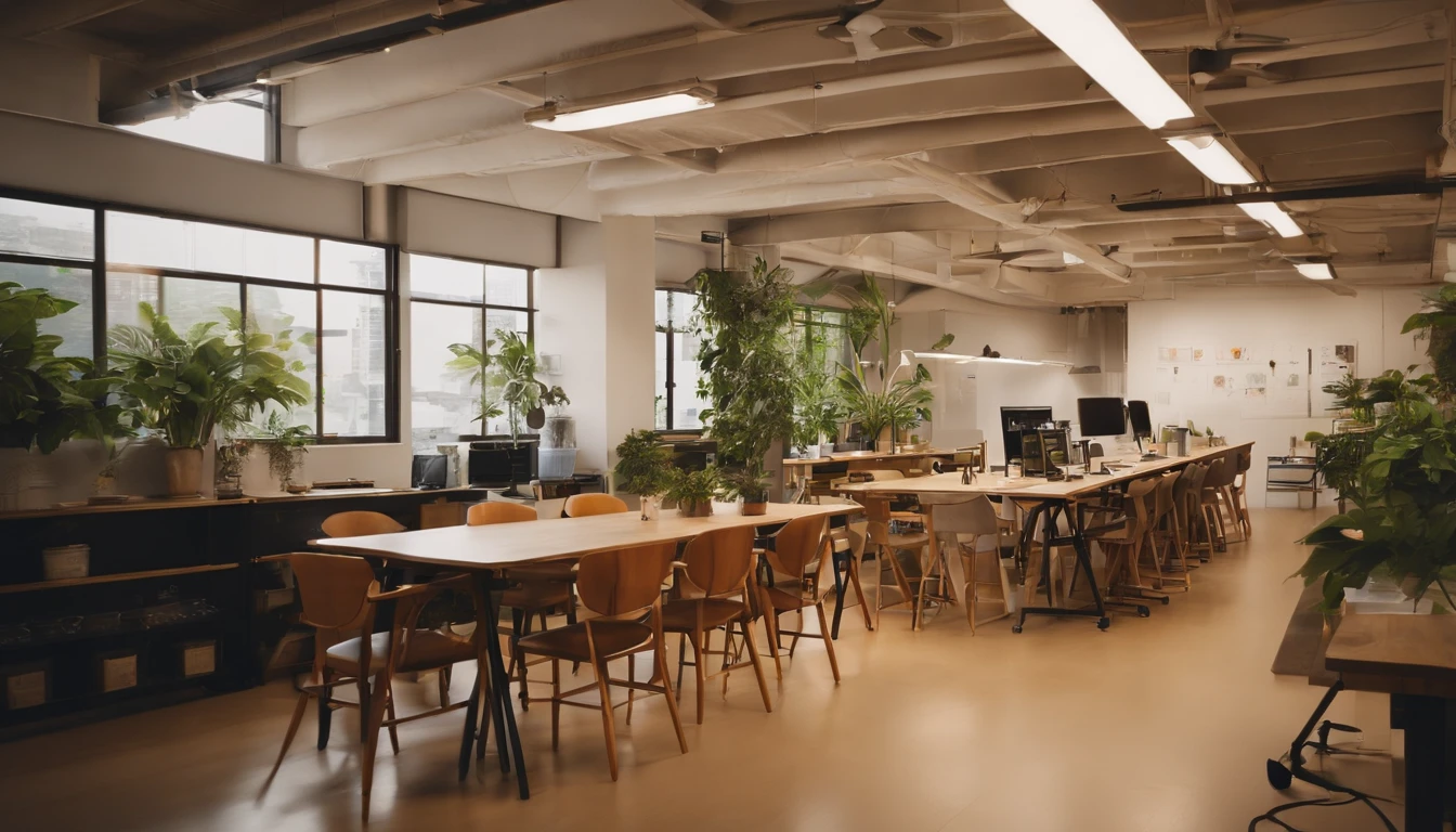 Room with table and chairs、There is a sign that says open, a picture by Miyamoto, flickr, process art, in a open-space working space, Open Office, blog-photo, big desk, Busy Room, Office/second-hand shop/Social Hall, big open floor 8 k, けもの, materia