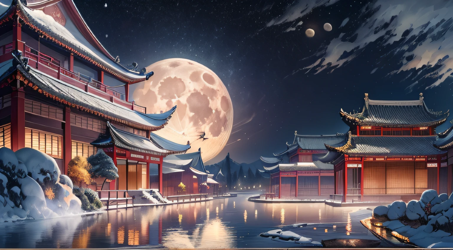 (Travels of ancient Chinese emperors:1.5),Surreal CG rendering of an ancient Chinese palace,Jiangnan ancient buildings and ancient towns have Yaolin wonderland。the night,the huge moon:1.5,The stars are bright,The smoke is fascinating,Maple and milk leaves are trees。snow landscape。k hd
