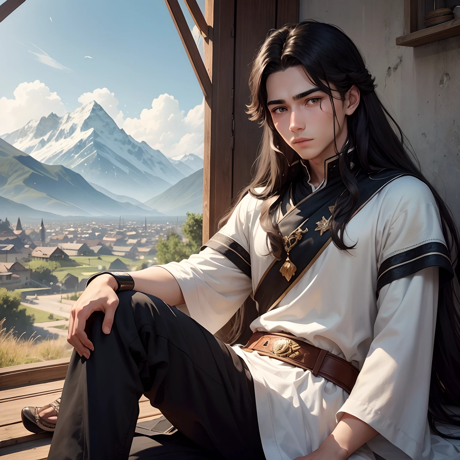 In the background are mountains, A young man, 18 years old named Men, black eyes, long hair, White, wearing a black tunic, Just woke up