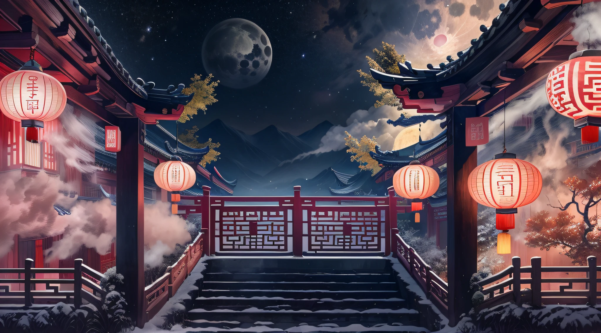 (Ancient Chinese emperors traveled:1.5),Surreal CG rendering of ancient Chinese palaces,Jiangnan ancient buildings and ancient towns have Yaolin wonderland。the night,the huge moon:1.5,The stars are bright,The smoke is fascinating,Maple leaves and milk leaves are trees。snow landscape。k hd