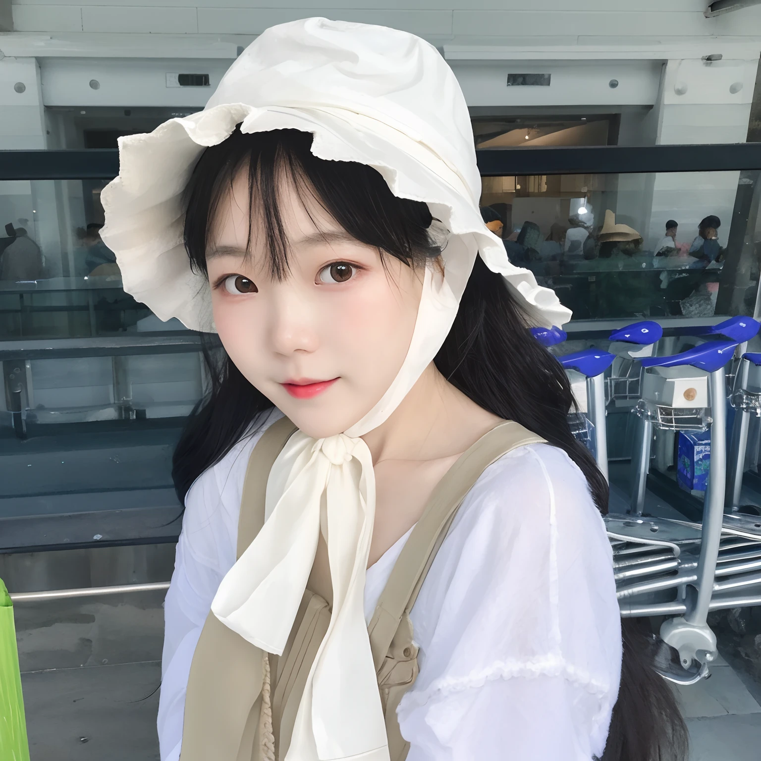 Korean woman wearing a white hat and a white scarf, Ulzzang, Sakimichan, Loli, with hat, Chiho, usando gaze amarela de trigo, Shikami, with straw hat, wearing a travel hat, wearing a chocker and cute hat, wearing a cute hat, usando capuz de seda branca, h 7 0 4