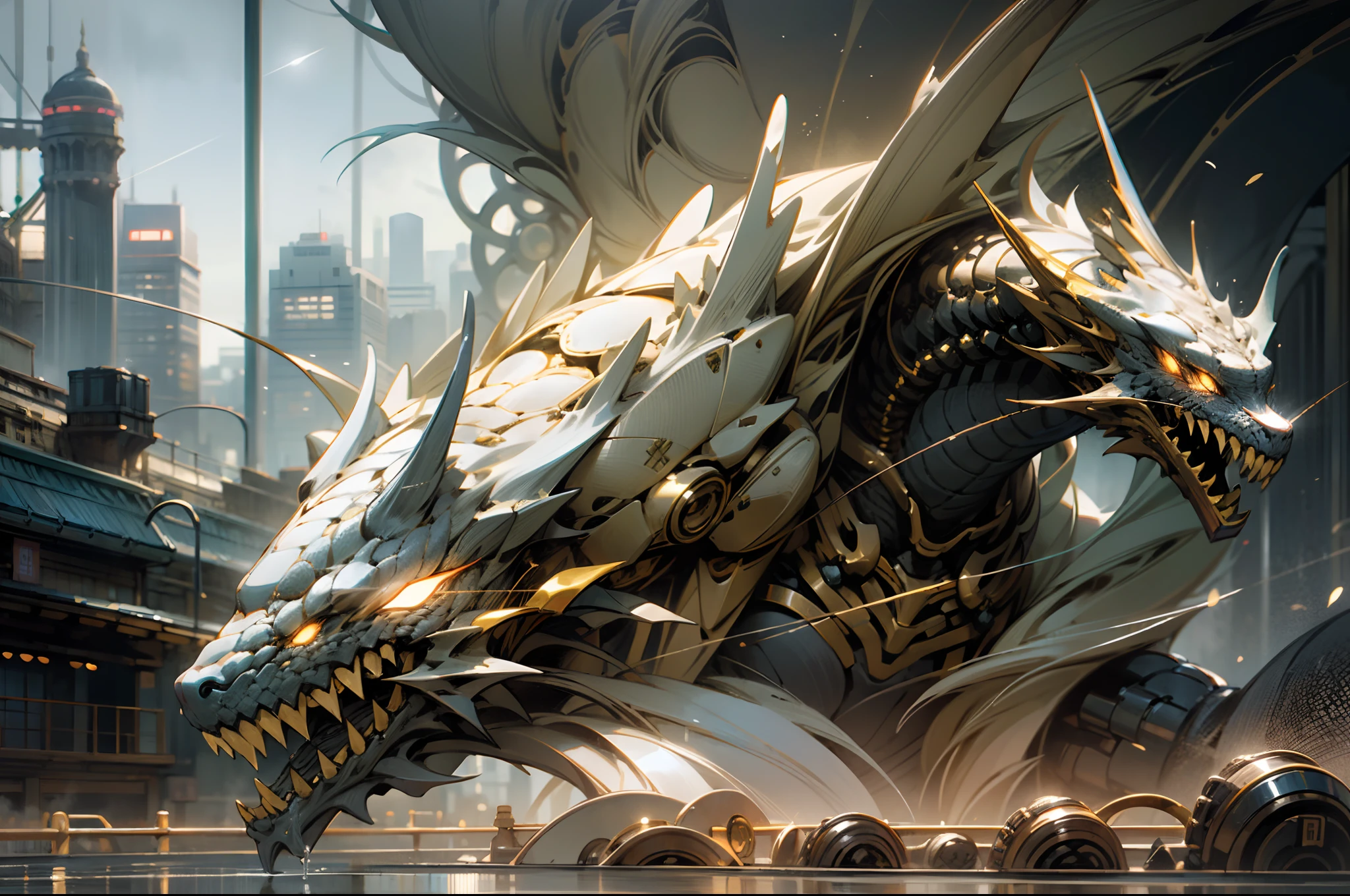 (realisitic:1.5), (Photorealsitic:1.2), detaileds, rendered, A Japanese style, Biomechanical dragon, helmets, white plastic, diffuse lighting, dynamicposes, Convoluted, elegent, (dynamic background), ighly detailed, elegent, foco nítido, Photo by Greg Rutkowski, Soft lighting, vivd colour, Ivory Gold AI (City of Water:1.2)