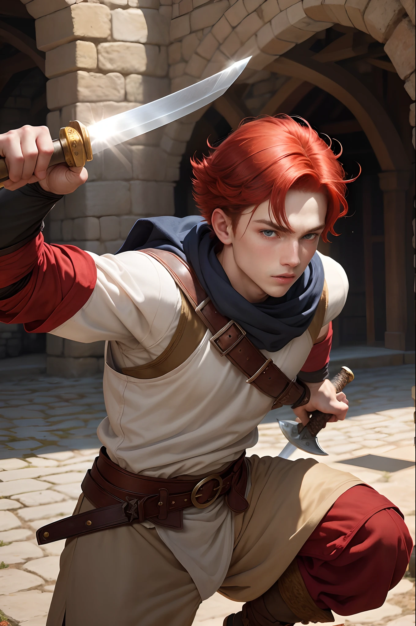 Boy 16 years old red hair, gray eyes, One strand of hair is white. medieval garb. Fantasy style background. Guy training with a sword with his father