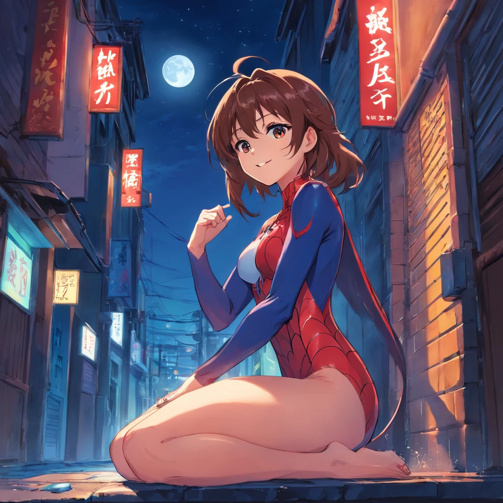 ((best quality)), ((masterpiece)), ((inked)), ((night)), (dynamic sexy pose), majestic intricately detailed soft oil painting by jim lee, professional full body shot, spiderwoman, long ringlets brown hair, extremely beautiful eyes, long eyelashes, young, white, red and black see-through spider bodysuit, sensuous pose, provocative pose, spider webs, claws, dark alley background. Smile expressions. Moon time, moon light. Cool vibrant colors.