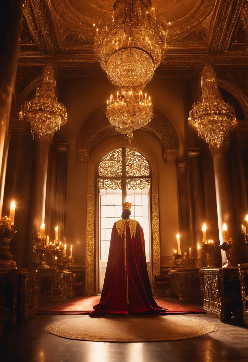 (best quality, highres, masterpiece:1.2),regal king, luxurious throne, golden crown, royal robe, intricate detailing, majestic expression, commanding presence, ornate decorations, opulent surroundings, glowing candlelight, grandeur, rich colors, dramatic lighting, historical significance