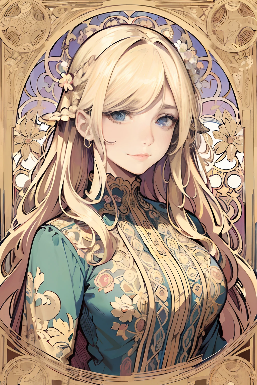 face portrait of a European female , long curly hair, blond, floral frame, Decorative panels, abstract
artistic, by Alphonse Mucha, (Masterpiece, Best Quality, Highres:1.4), Detailed, Intricate Details, 4K, color splashes, line art, fibonacci,