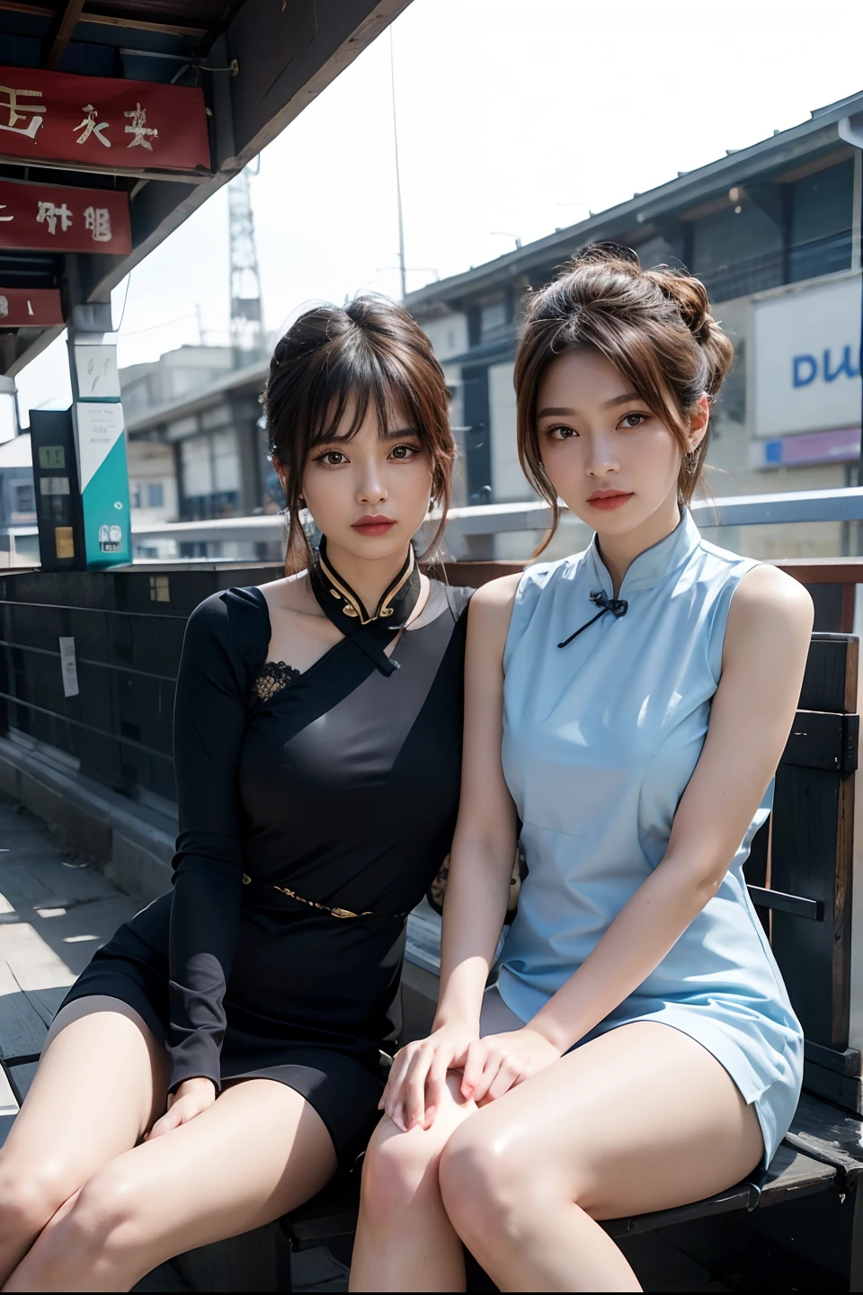 女の子1人、Women around 22 years old、garments(Blue cheongsam)、Black Hair Bob、耳Nipple Ring、a picture、realisticlying、top-quality、adopt、A detailed face、hotel、Sitting on the sofa、细致背景、diffuse sunlight、depth of fields、独奏