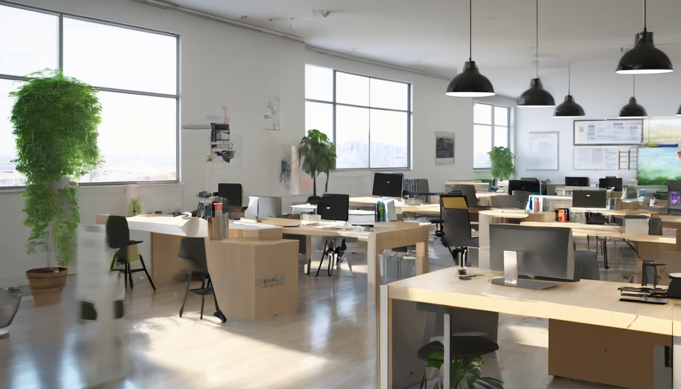 Room with table and chairs、There is a sign that says open, Open Office, in a open-space working space, blog-photo, big desk, Busy Room, Office/second-hand shop/Social Hall, big open floor 8 k, けもの, 8k --height 768, materia, throughout the room