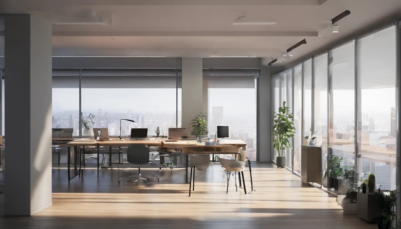 Room with table and chairs、There is a sign that says open, Open Office, in a open-space working space, blog-photo, big desk, Busy Room, Office/second-hand shop/Social Hall, big open floor 8 k, けもの, 8k --height 768, materia, throughout the room