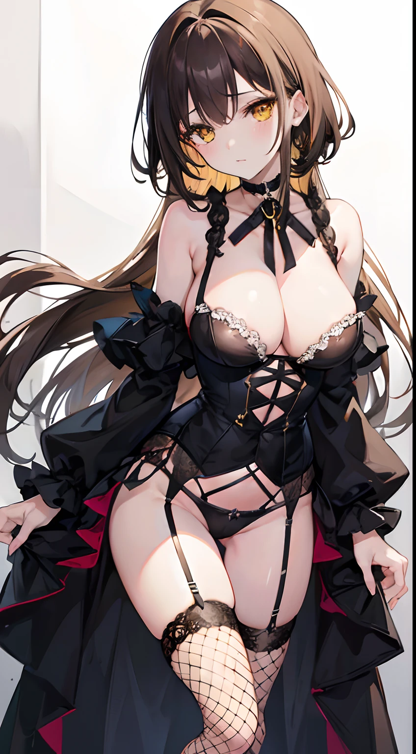 hightquality,, a beauty girl, Brown medium hair, yellow eyes, Moderately large breasts, Crystal clear white skin,, The brave, Black string obscene costume, Black Garter Belt Fishnet Stockings, a black choker,
