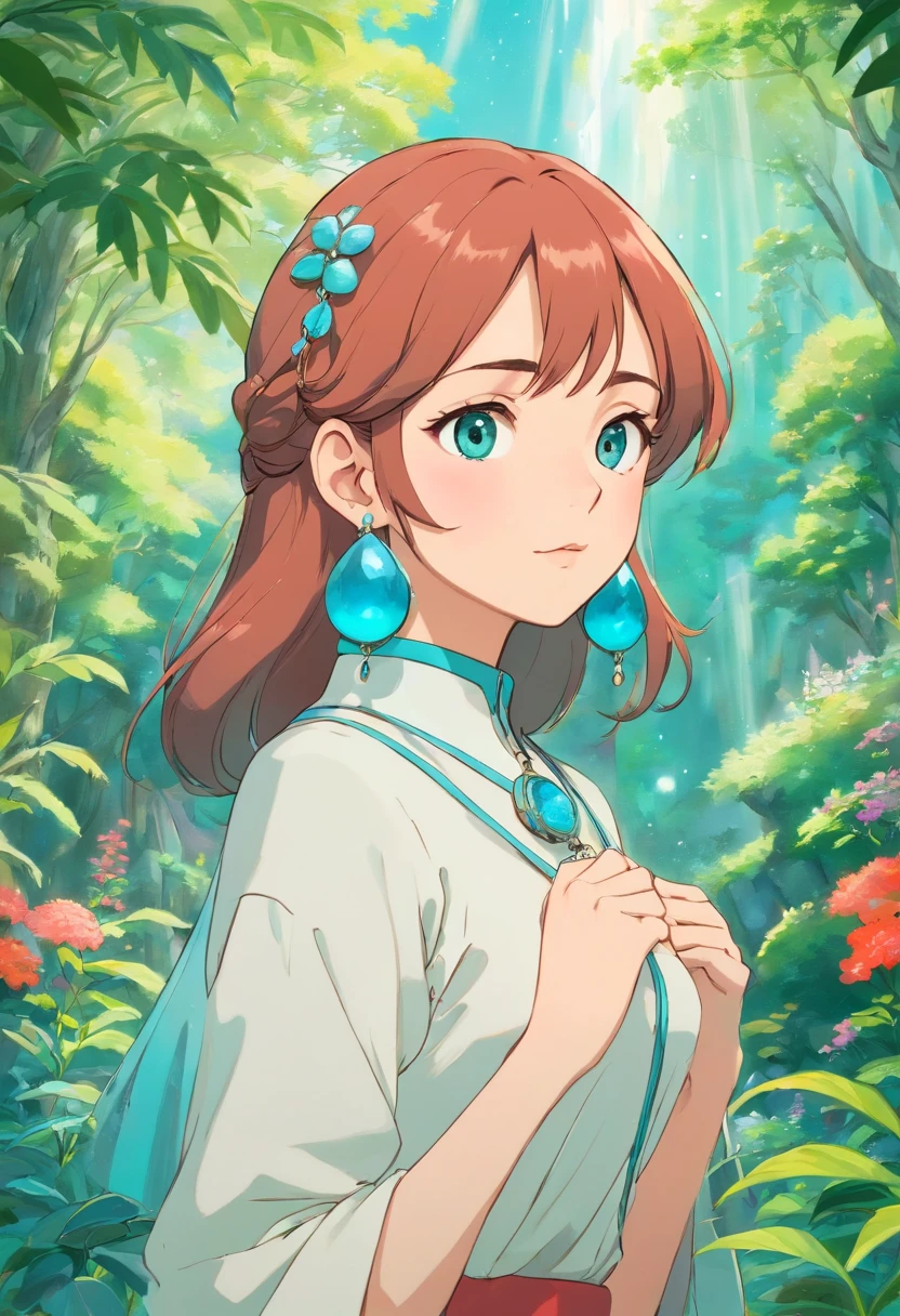 a girl wearing an anime collar, a long necklace and earrings, in the style of tranquil gardenscapes, colorful animation stills, masami teraoka, aquamarine, paul gauguin, Embry style, honest portrayal