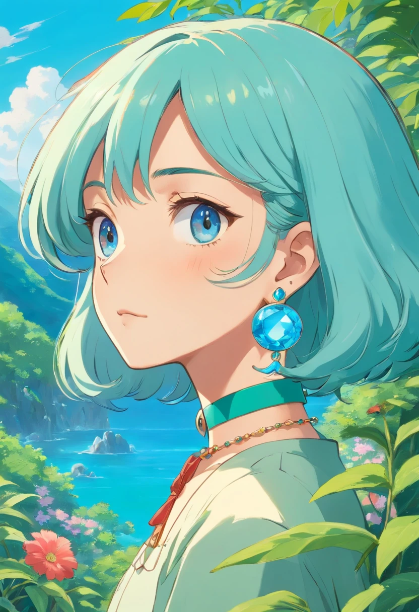 a girl wearing an anime collar, a long necklace and earrings, in the style of tranquil gardenscapes, colorful animation stills, masami teraoka, aquamarine, paul gauguin, Embry style, honest portrayal