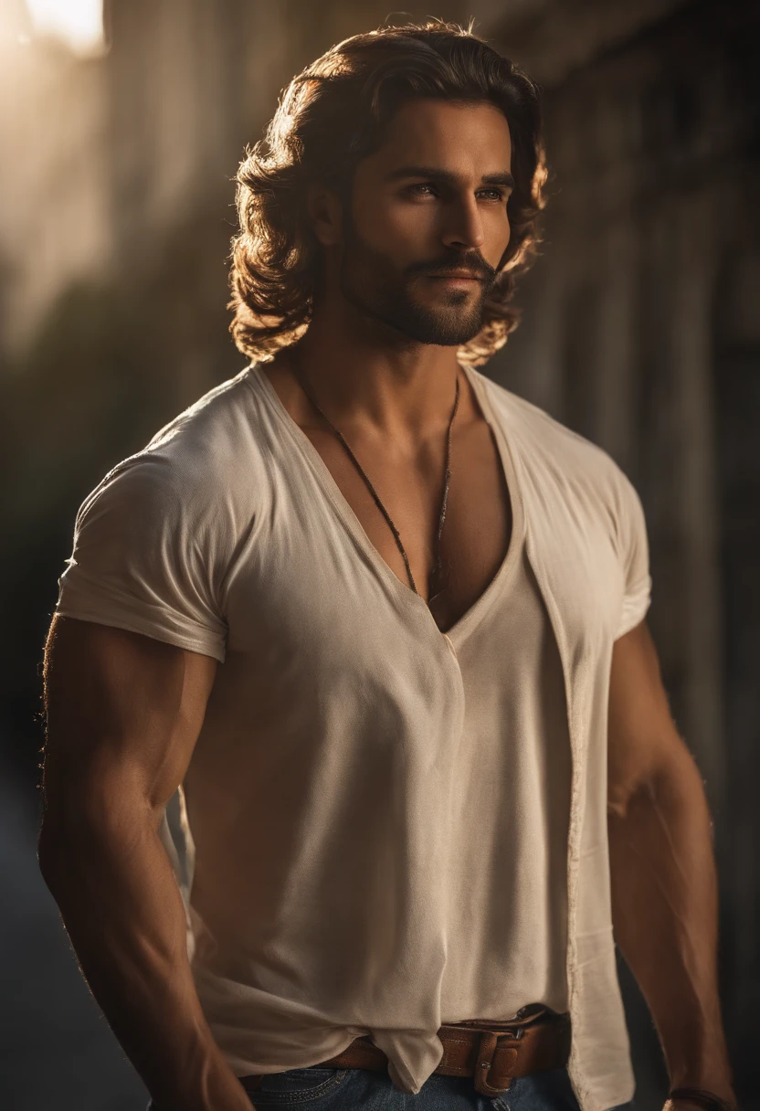 (mais alta qualidade, detalhes surpreendentes: 1.4), obra-prima, personagens originais, Natural volumetric lighting and better shadows, profundidade de campo profunda, Focus Of course, Retrato de um homem musculoso incrivelmente bonito de 40 anos, corpo inteiro, belo rosto viril, barba, attractive with eyes Is clear, sorriso sedutor, cabelo cinza curto desgrenhado, camisa branca apertada, jeans, (messy painted body: 1.05), (fundo de rua com lojas: 1.15), hospital, (arms down 1.2), bandaged broken arm, Pitoresco, overexposure, renderizado, fotorrealista, NSFW, ju, focado, Centrado, sensual, disco Rigido, 8k, DSLR, ..RAW