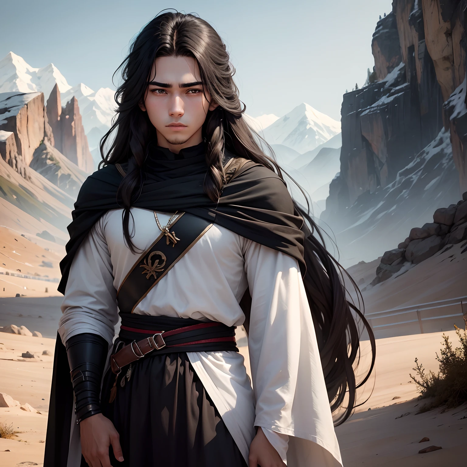In the background are mountains, A young man, 18 years old named Men, black eyes, long hair, White, wearing a black tunic, sad