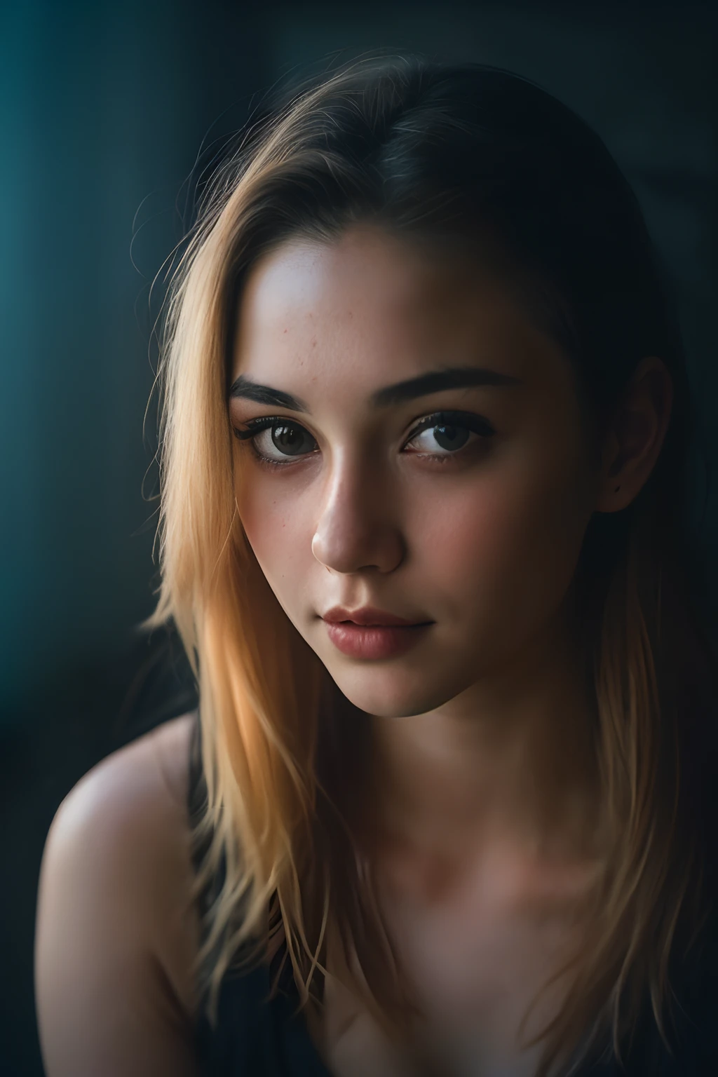 (a closeup of a, editorial photograph of a 21 year old woman), (Highly detailed face:1.4) (Smile:0.7) (background inside dark, moody, private study:1.3) ass pov, by Lee Jeffries, Nikon D850, film stock photograph ,4 Kodak Portra 400 ,camera f1.6 lens ,saturated colors ,hyper realistic ,lifelike texture, dramatic  lighting, strong contrast, Cinestill 800