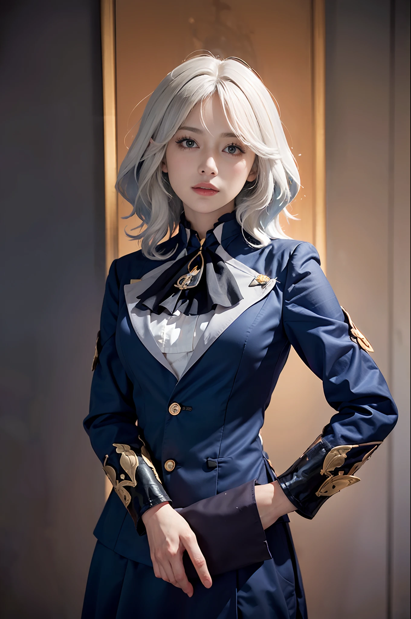 (In the Dark: 1.6), surreal female portrait by David Hockney and Alphonse Mucha, fantasy art, photorealism, dynamic lighting, artstation, poster, volumetric lighting, very detailed faces, 4k, Award Winning, 1girl, In Dark, Deep Shadow, Low Key, Cowboy Shot, (Stewardess Uniform: 1.4), Long Hair, White Hair, Bust, Terminal, Medium Boobs