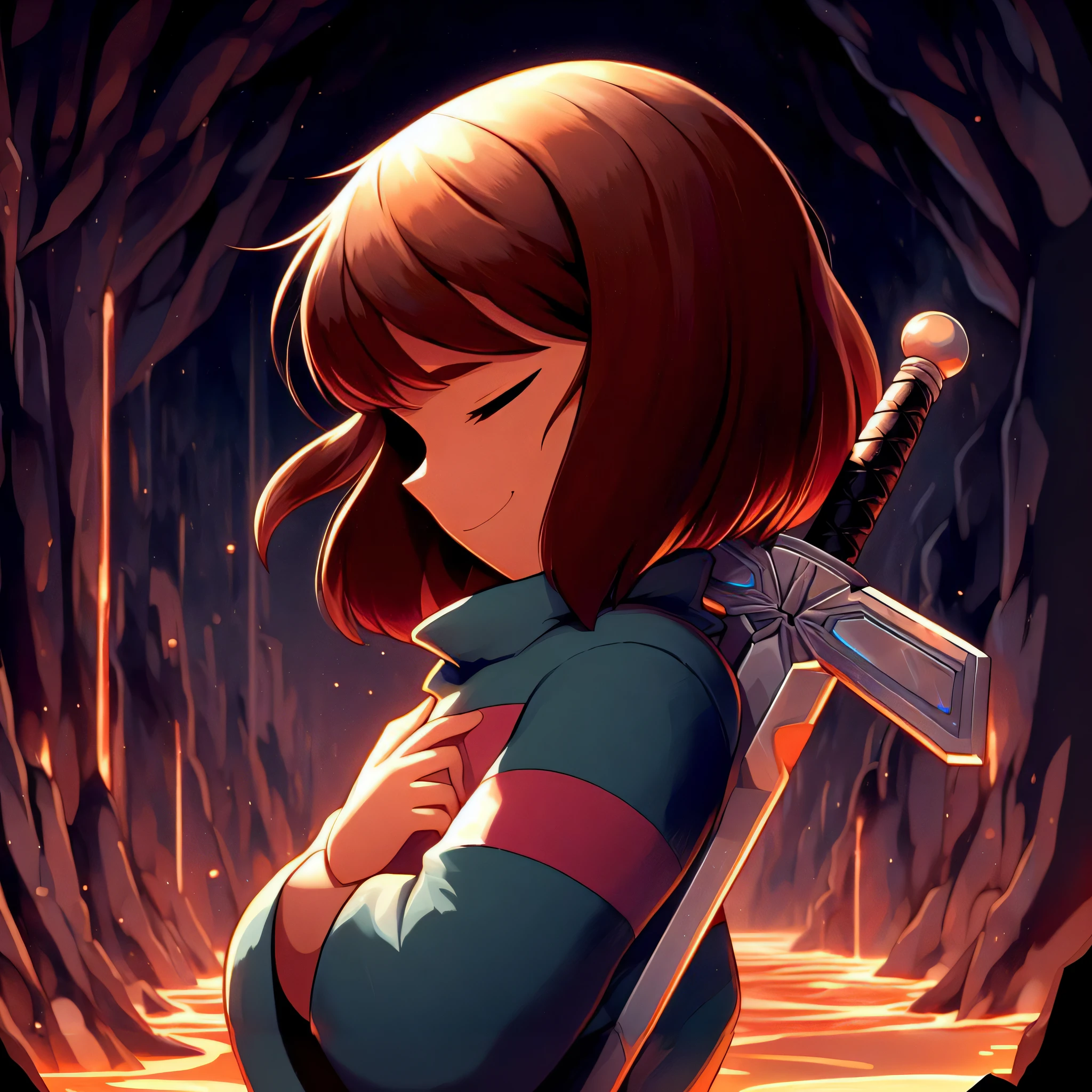 side angle, Frisk from Undertale, closed eyes, grown up, long brown hair, handsome, smiling softly, holding a sword, at a lava river inside a cave, big castle on the background, dark skies scene, shadows, shade, masterpiece, best quality, ultra detailed everything, trending on pinterest, ultra hd, sharp focus, digital art