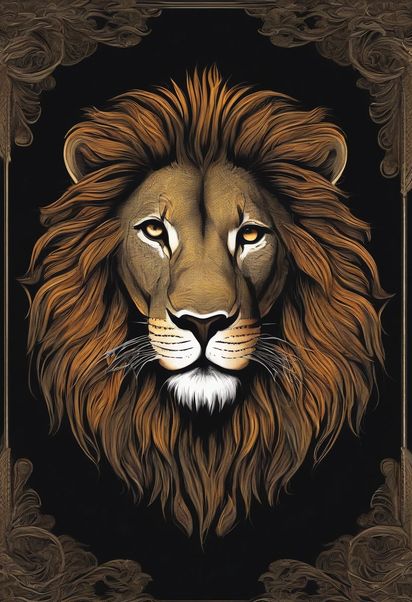 /Imagine Prompt: Illustration of a lion's face for a sticker with black background, en negrita, bordes dentados, Trashcore, sombreado claro --v 5.2