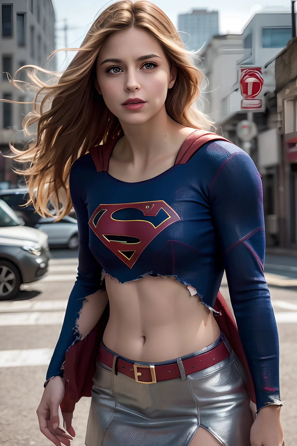 emma watson, 8k, best quality, real image, intricate detail, ultra detail, ultra high resolution, depth field, (realistic, realistic: 1.2), masterpiece, photo 1girl, supergirl, injured, superhero, realistic, torn clothes, red skirt, (dirty, bruised, blood: 1.3), blue eyes, blonde, long hair, serious, angry, solo, (exposed torn clothes, torn clothes: 1.3), ruined city background, best quality, realistic, realistic, realistic, (Intricate details: 1.2), (Fine details), (Cinematic light), clear lines, sharp focus, realistic face, detailed and beautiful face