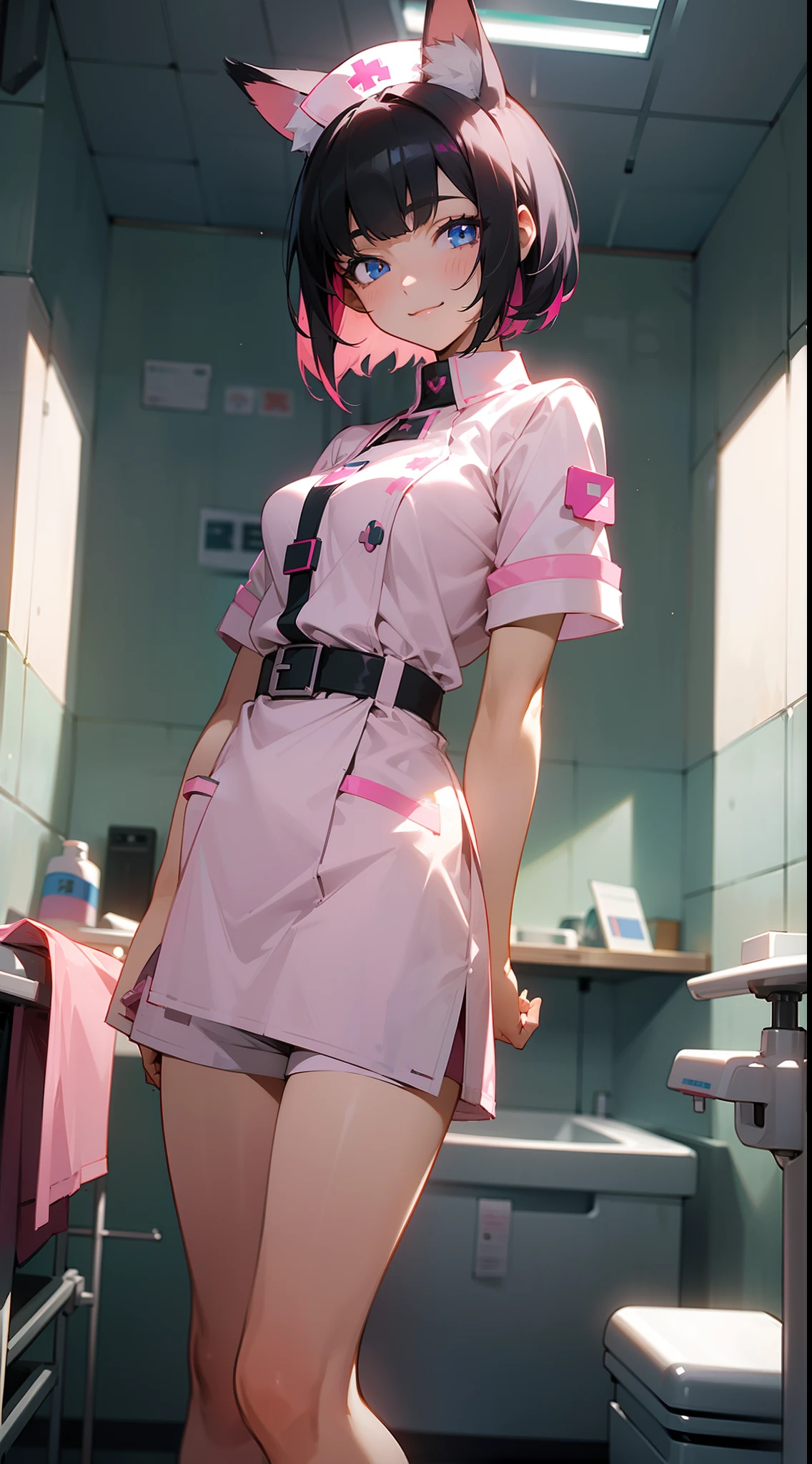 1teen girl, ,solo, short hair, medium breasts,fox ears,(split-color hair, black hair, pink hair), blue eyes, smile, standing, dynamic pose, 8k, masterpiece, best quality, cowboy shot, (white nurse uniform), ((hospital, surgery room))