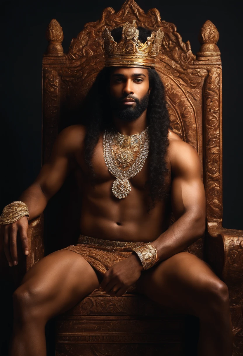 A brown skinned King,well built sitting on throne