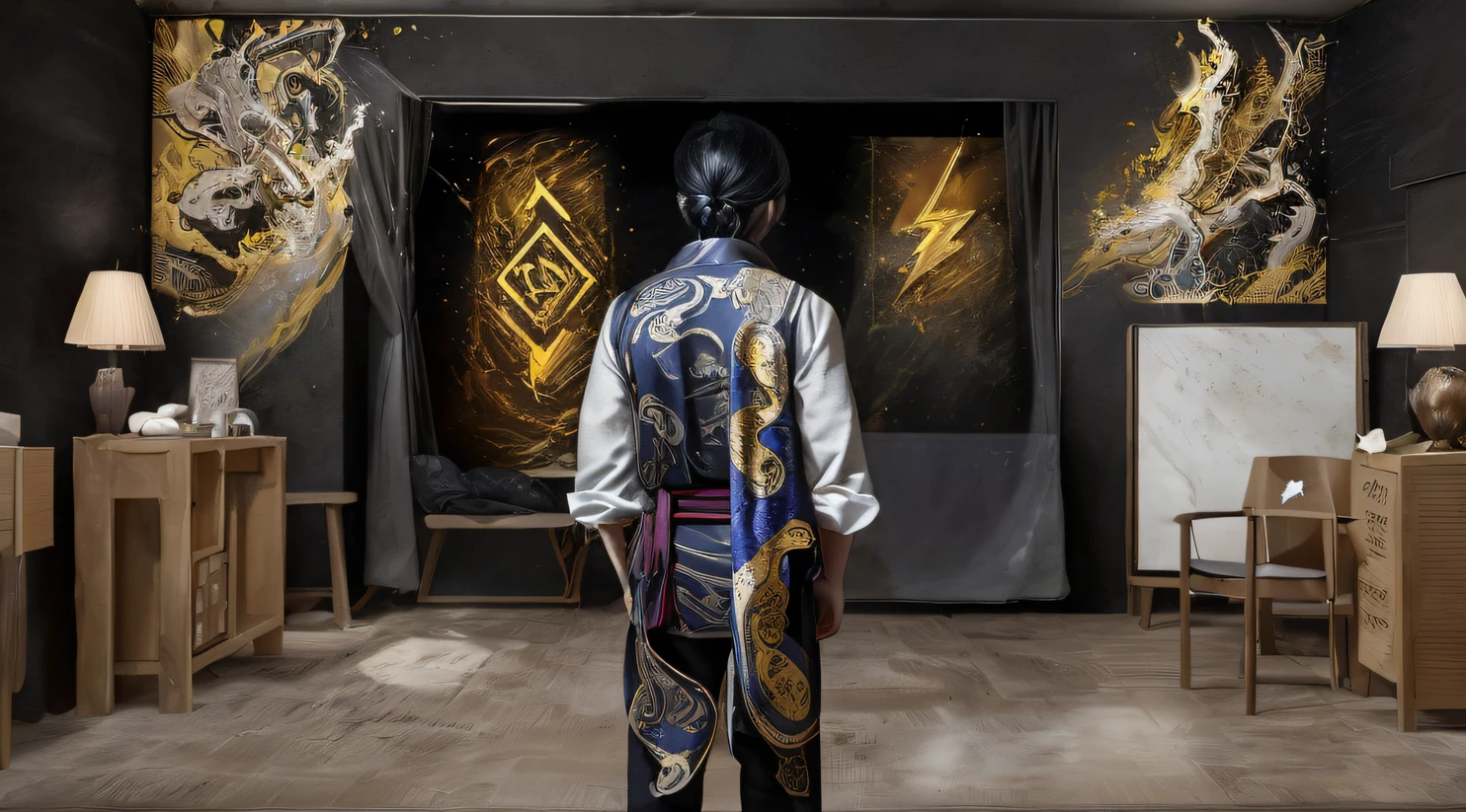 Side 32K，division（tmasterpiece，k hd，hyper HD，32K）Long flowing black hair，Camping area，zydink， a color， Patriot side （canyons）， （Linen batik scarf）， Combat posture， looking at the ground， Linen bandana， Chinese python pattern long-sleeved garment， photo from the side（Abstract gouache splash：1.2）， Dark clouds lightning background，Flour flies（realisticlying：1.4），Black color hair，Dust is blowing，Background fog， A high resolution， the detail， RAW photogr， Sharp Re， Nikon D850 Film Stock Photo by Jefferies Lee 4 Kodak Portra 400 Camera F1.6 shots, Rich colors, ultra-realistic vivid textures, Dramatic lighting, Unreal Engine Art Station Trend, cinestir 800，Flowing black hair,（（（Side Man Mage）））Full-body side