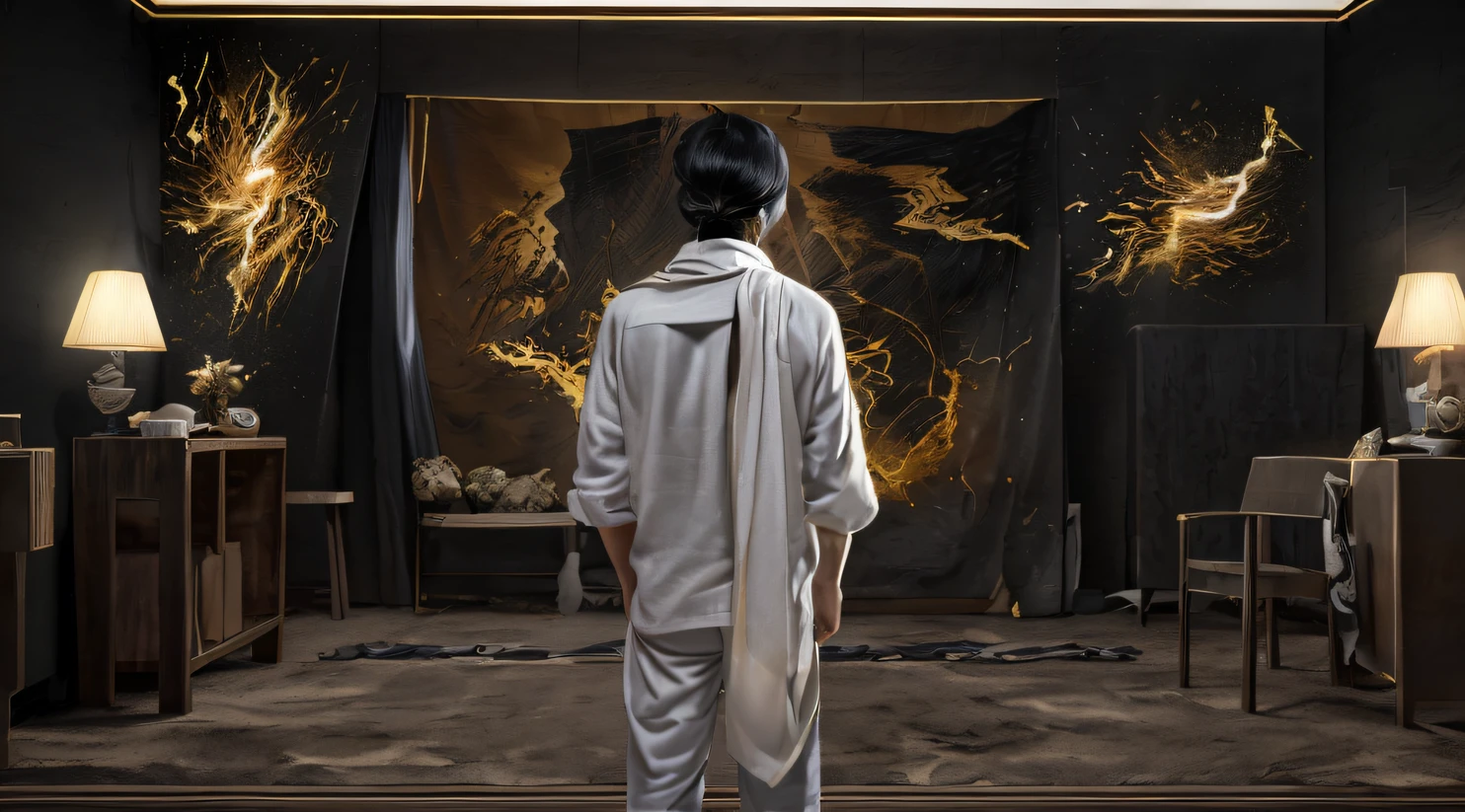 Side 32K,division(tmasterpiece,k hd,hyper HD,32K)Long flowing black hair,Camping area,zydink, a color, Patriot side (canyons), (Linen batik scarf), Combat posture, looking at the ground, Linen bandana, Chinese python pattern long-sleeved garment, photo from the side(Abstract gouache splash:1.2), Dark clouds lightning background,Flour flies(realisticlying:1.4),Black color hair,Dust is blowing,Background fog, A high resolution, the detail, RAW photogr, Sharp Re, Nikon D850 Film Stock Photo by Jefferies Lee 4 Kodak Portra 400 Camera F1.6 shots, Rich colors, ultra-realistic vivid textures, Dramatic lighting, Unreal Engine Art Station Trend, cinestir 800,Flowing black hair,(((Side Man Mage)))Full-body side