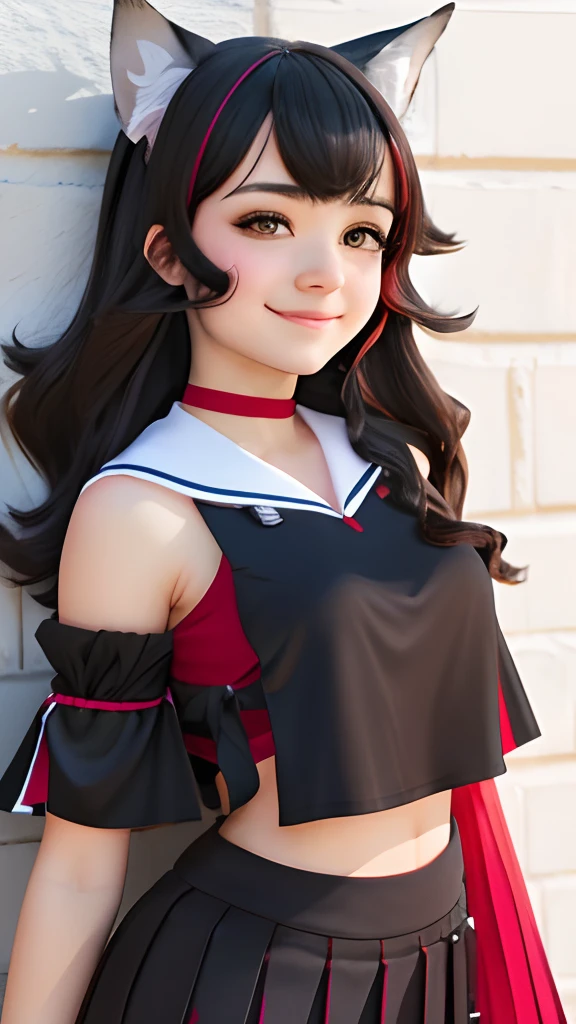 a 18yo girl, standing in front of wall, blush and smile, looking at viewer, smooth fair skin, midriff, centered view, miosha1, wolf tail, red choker, black shirt, sailor collar, detached sleeves, black pleated skirt, realistic