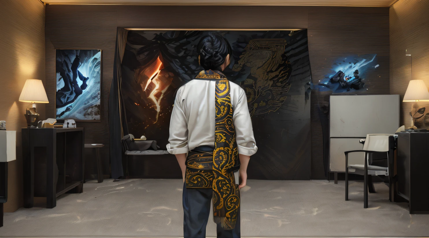 Side 32K,division(tmasterpiece,k hd,hyper HD,32K)Long flowing black hair,Camping area,zydink, a color, Patriot side (canyons), (Linen batik scarf), Combat posture, looking at the ground, Linen bandana, Chinese python pattern long-sleeved garment, photo from the side(Abstract gouache splash:1.2), Dark clouds lightning background,Flour flies(realisticlying:1.4),Black color hair,Dust is blowing,Background fog, A high resolution, the detail, RAW photogr, Sharp Re, Nikon D850 Film Stock Photo by Jefferies Lee 4 Kodak Portra 400 Camera F1.6 shots, Rich colors, ultra-realistic vivid textures, Dramatic lighting, Unreal Engine Art Station Trend, cinestir 800,Flowing black hair,(((Side Man Mage)))Full-body side