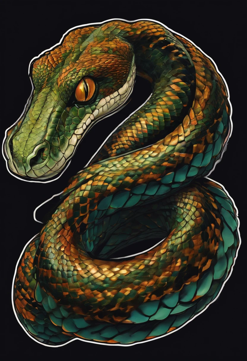 /Imagine Prompt: Illustration of a snake's face for a sticker with black background, en negrita, bordes dentados, Trashcore, sombreado claro --v 5.2