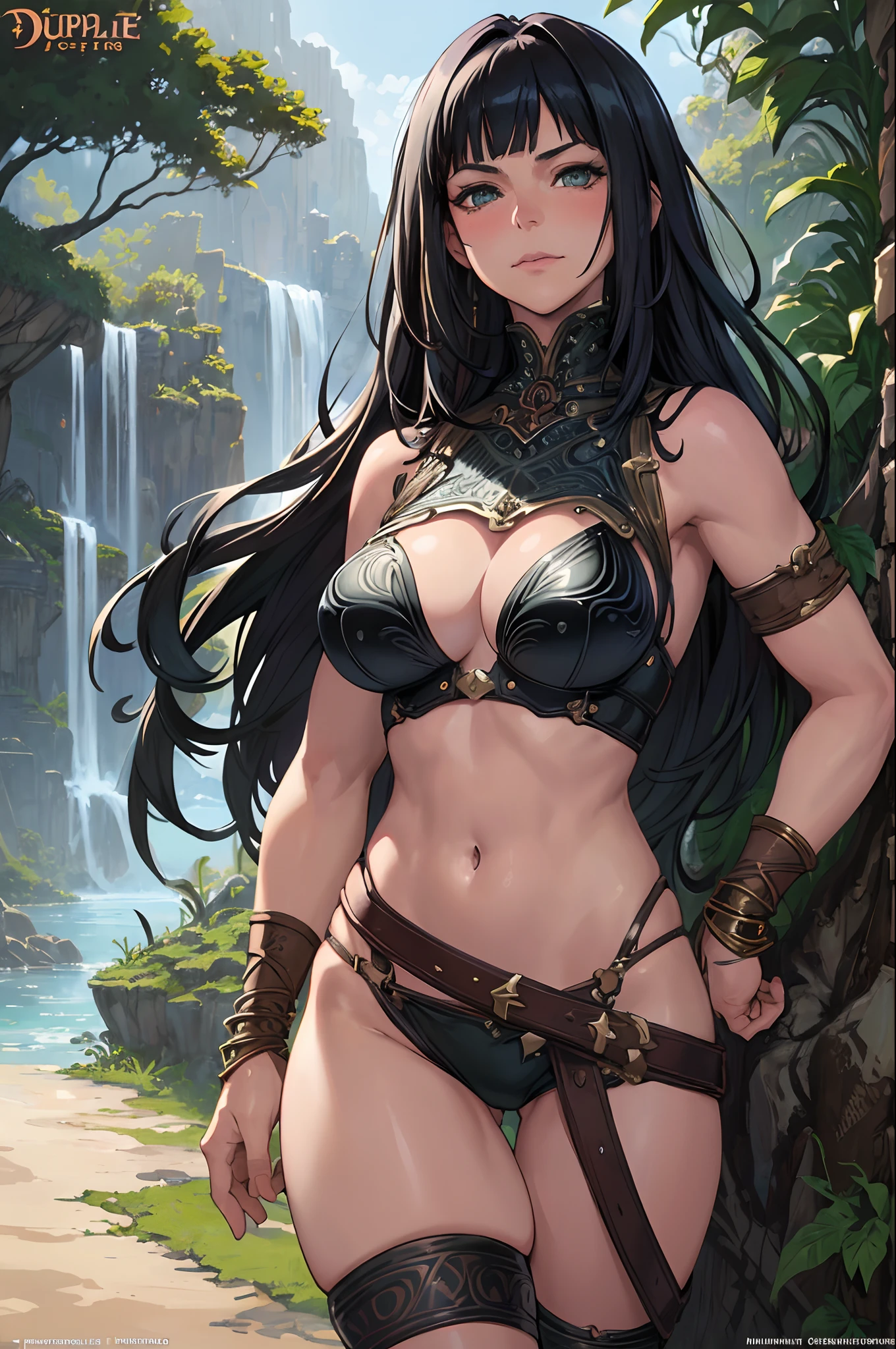 (Evangeline Lilly:DuaLipa), tribal warrior, masterpiece, jungle in the background, cowboy shot, dark fantasy, intricate, highly detailed, by luis Royo. 1girl.