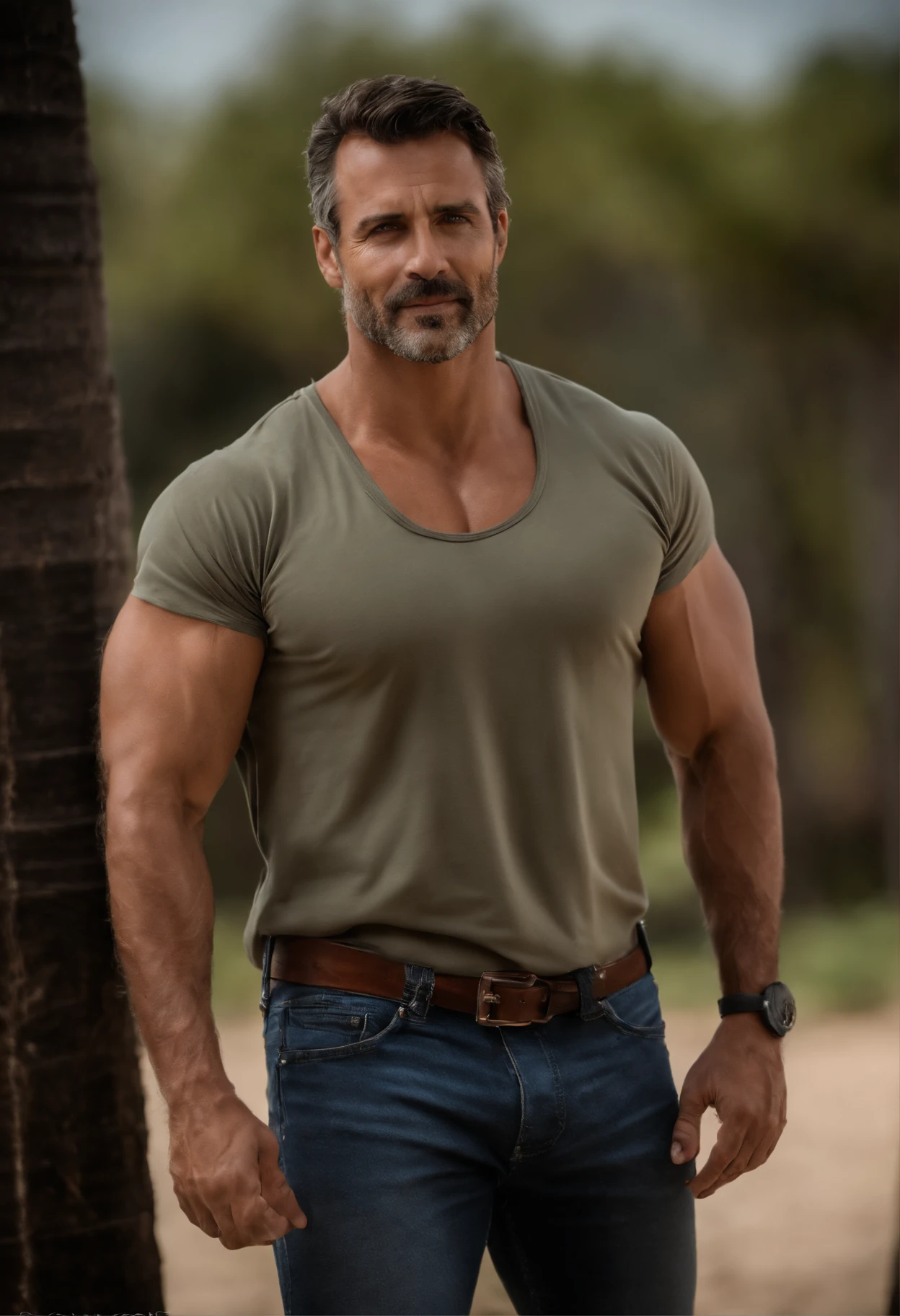 (mais alta qualidade, detalhes surpreendentes: 1.4), obra-prima, personagens originais, Natural volumetric lighting and better shadows, profundidade de campo profunda, foco claro, Portrait of incredibly handsome 40 year old muscular man, corpo inteiro, belo rosto viril, barba, atraente com olhos claros, sorriso sedutor, cabelo cinza curto desgrenhado, camisa branca apertada, jeans, (messy painted body: 1.05), (fundo de rua com lojas: 1.15), hospital, (arms down 1.2), bandaged broken arm, Pitoresco, overexposure, renderizado, fotorrealista, NSFW, sexy,, claro, focado, Centrado, sensual, disco Rigido, 8k, DSLR, .RAW