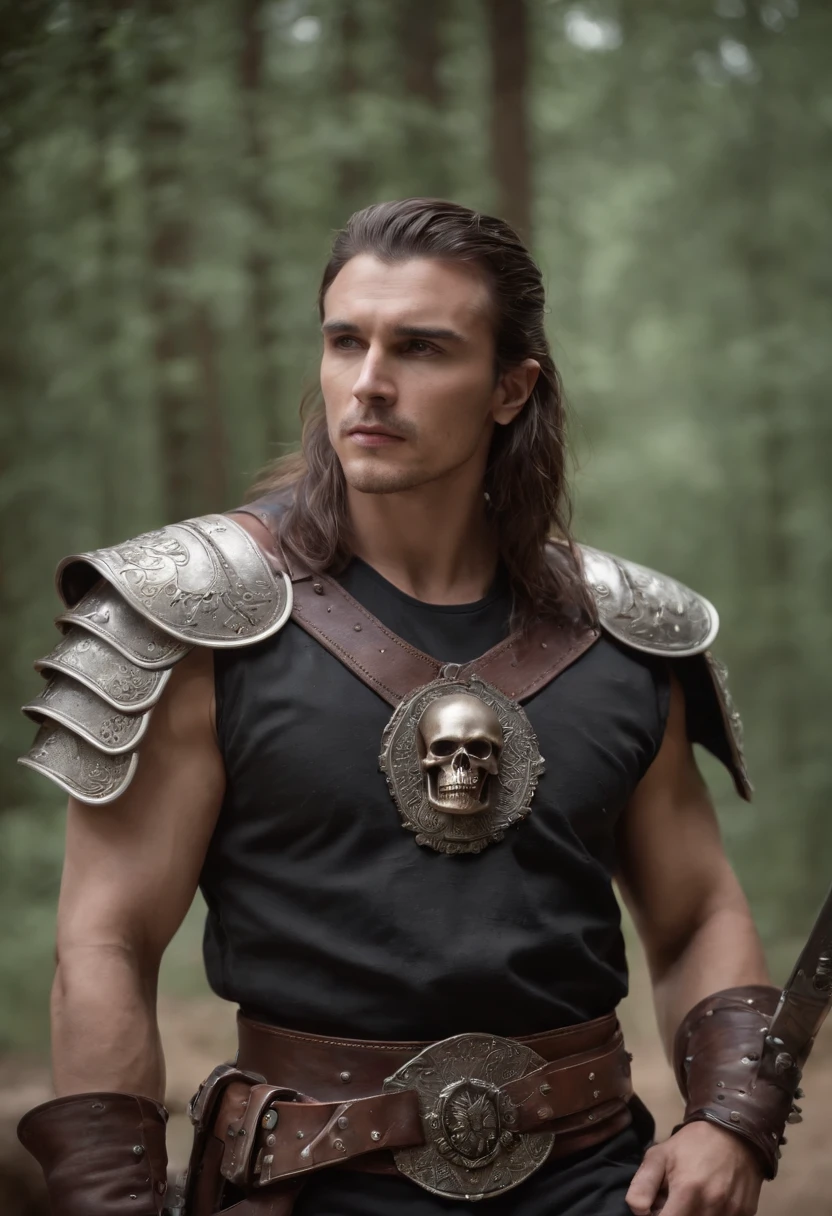 Male warrior, wearing leather pants, skull belt, wristbands and spike shoulder pads.