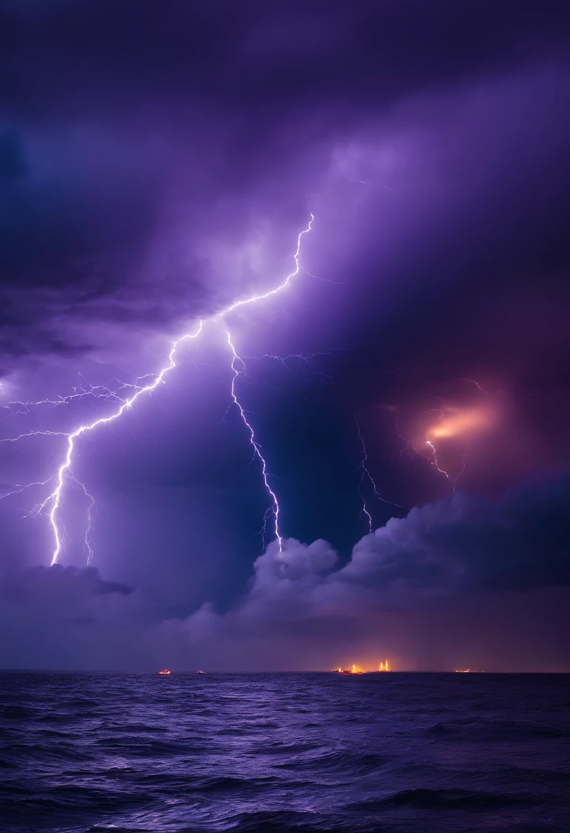 naval battles，The edge of the sky in the distance，Thunder flashing purple，White flames burned on the surface of the sea