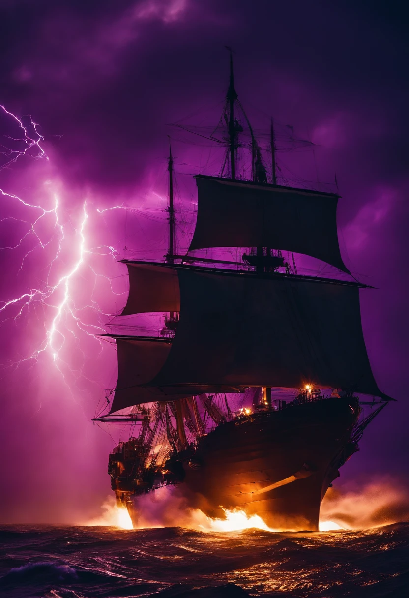 naval battles,The edge of the sky in the distance,Thunder flashing purple,White flames burned on the surface of the sea