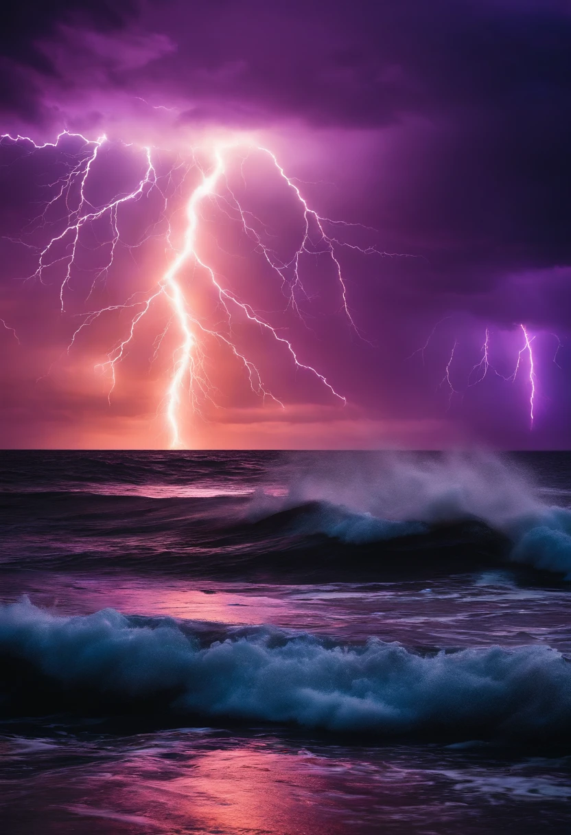 naval battles，The edge of the sky in the distance，Thunder flashing purple，White flames burned on the surface of the sea
