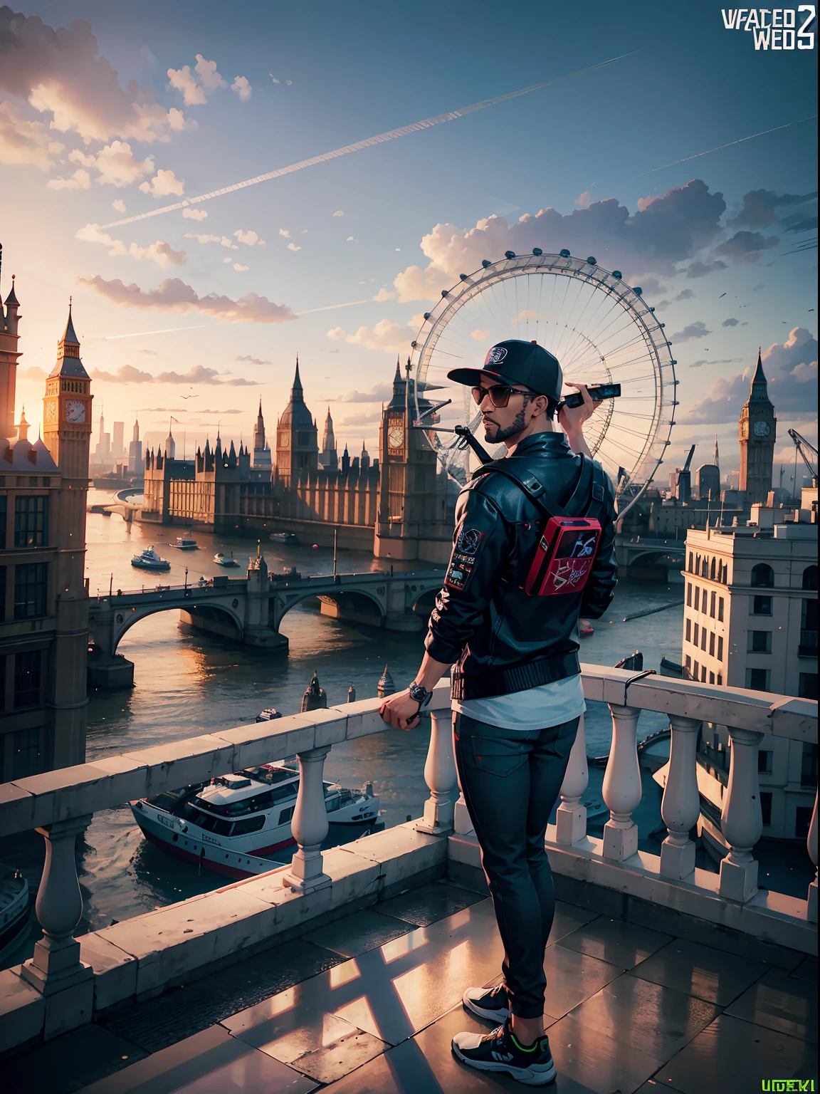 London Eye (Millennium Wheel), Marcus Holloway a character of watch dogs 2 game, UHD detailed graphics, Nvidia RTX ray tracing, AMD FidelityFX Super Resolution, AMD Ryzen 7 rendered, 24K hyperHD