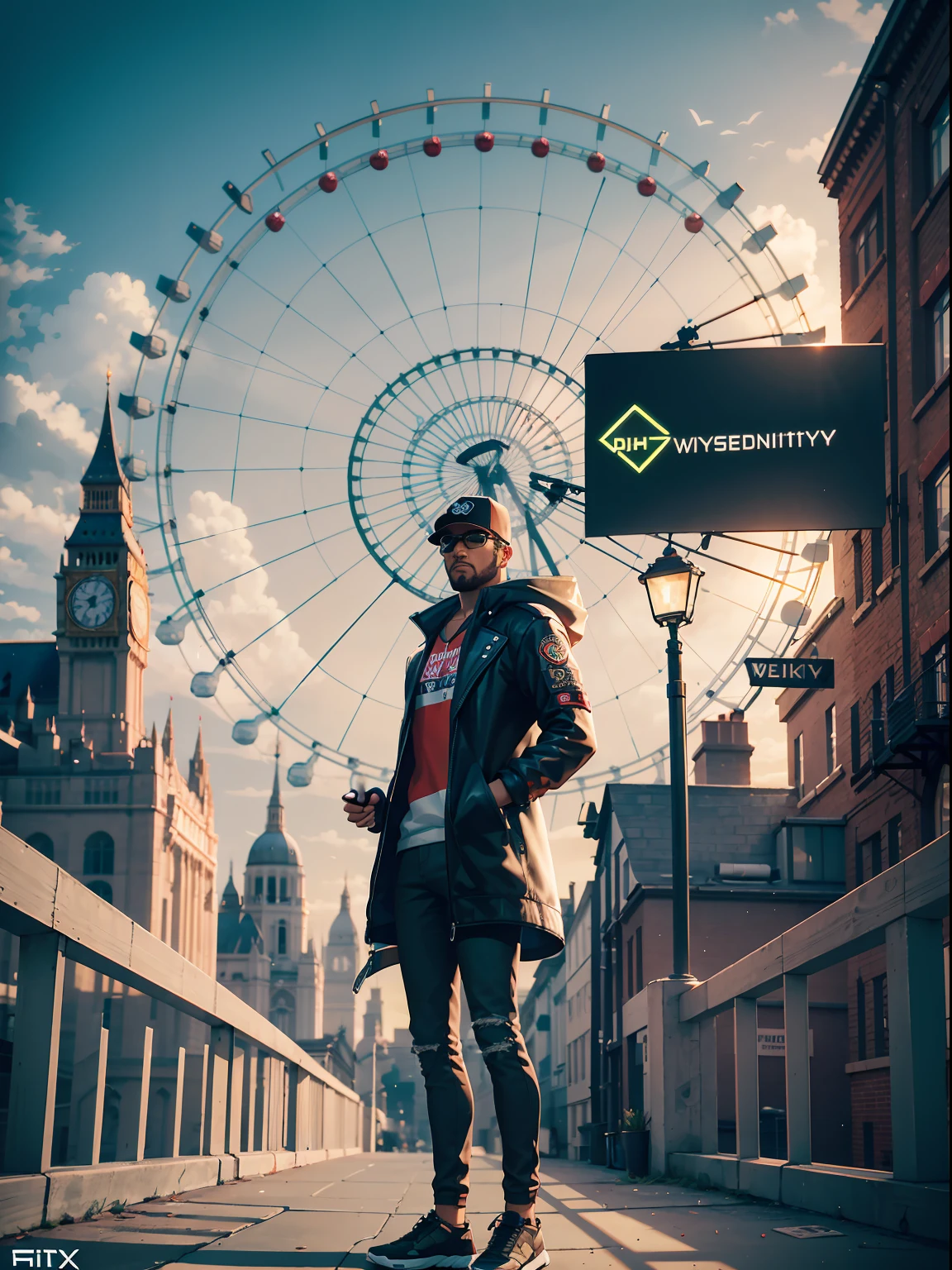 London Eye (Millennium Wheel), Marcus Holloway a character of watch dogs 2 game, UHD detailed graphics, Nvidia RTX ray tracing, AMD FidelityFX Super Resolution, AMD Ryzen 7 rendered, 24K hyperHD