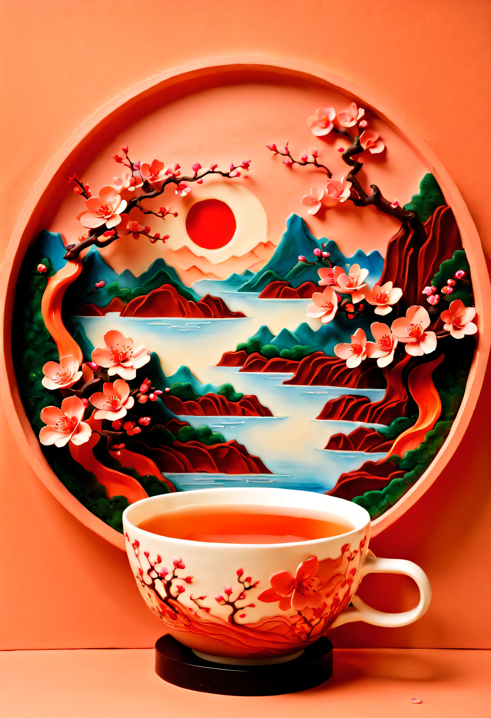 (Masterpiece, high quality, best quality, official art, beauty and aesthetics: 1.2), milk tea cup, surrounded by red rocks, splashing spray, (Chinese landscape paper carving, Chinese Song Dynasty landscape painting: 1.2), (surrealist dream style), cream organic fluid, light tracing, environmental shielding, hazy, natural light, limestone, gel resin sheet, oc rendering, (peach blossom forest background: 1.4),