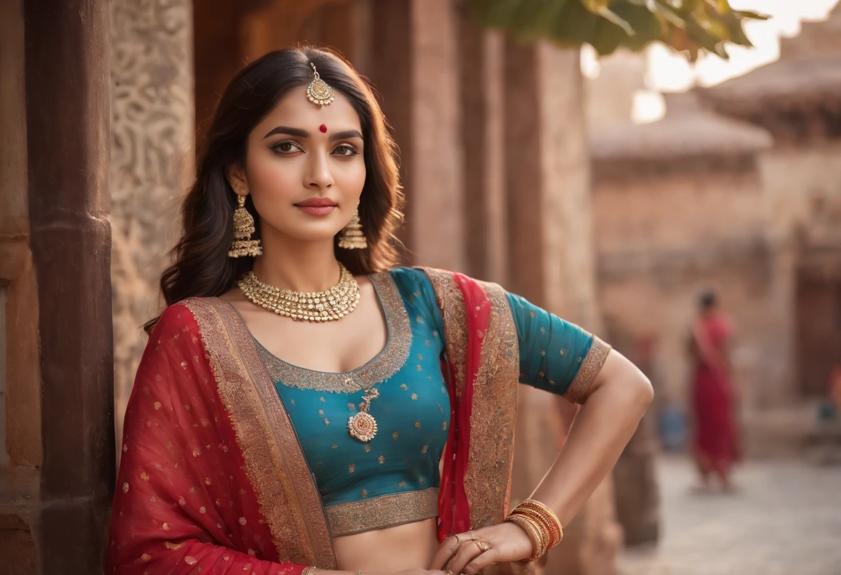(best quality, highres, ultra-detailed, realistic:1.37), woman in typical Indian dress, blue gate in the background, half-length shot, sunny day, vibrant colors, detailed embroidery, intricate patterns, flowing fabric, traditional jewelry, elegant pose, natural sunlight, soft shadows, exquisite details, cultural richness, celebration of Indian heritage, traditional attire, graceful movement, picturesque setting, lively atmosphere, vibrant market, bustling streets, authentic experience, rich colors, warm sunlight, cultural fusion, intricate designs, ornate gate, traditional motifs, joyful spirit, vibrant energy, cultural diversity, traditional craftsmanship, stunning visuals, mesmerizing beauty, timeless elegance, vibrant atmosphere, traditional aesthetics.