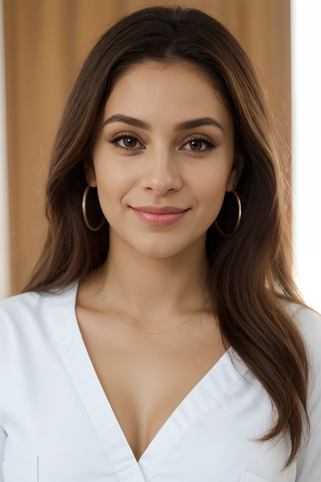 Foto raw, Uma bela Dr: Latina Medical Officer, longos cabelos loiros sujos com pontas loiras, Vestindo apenas de jaleko Branco, sentado de frente , SLR camera, ultra-qualidade, , filmic grain (centro), Fujifilm XT3, Cristalina, centro do quadro, fundo fora de foco e desfocado um pouco, poros detalhados da pele, pele oleosa, queimadura solar, corpo inteiro, Fuller lips