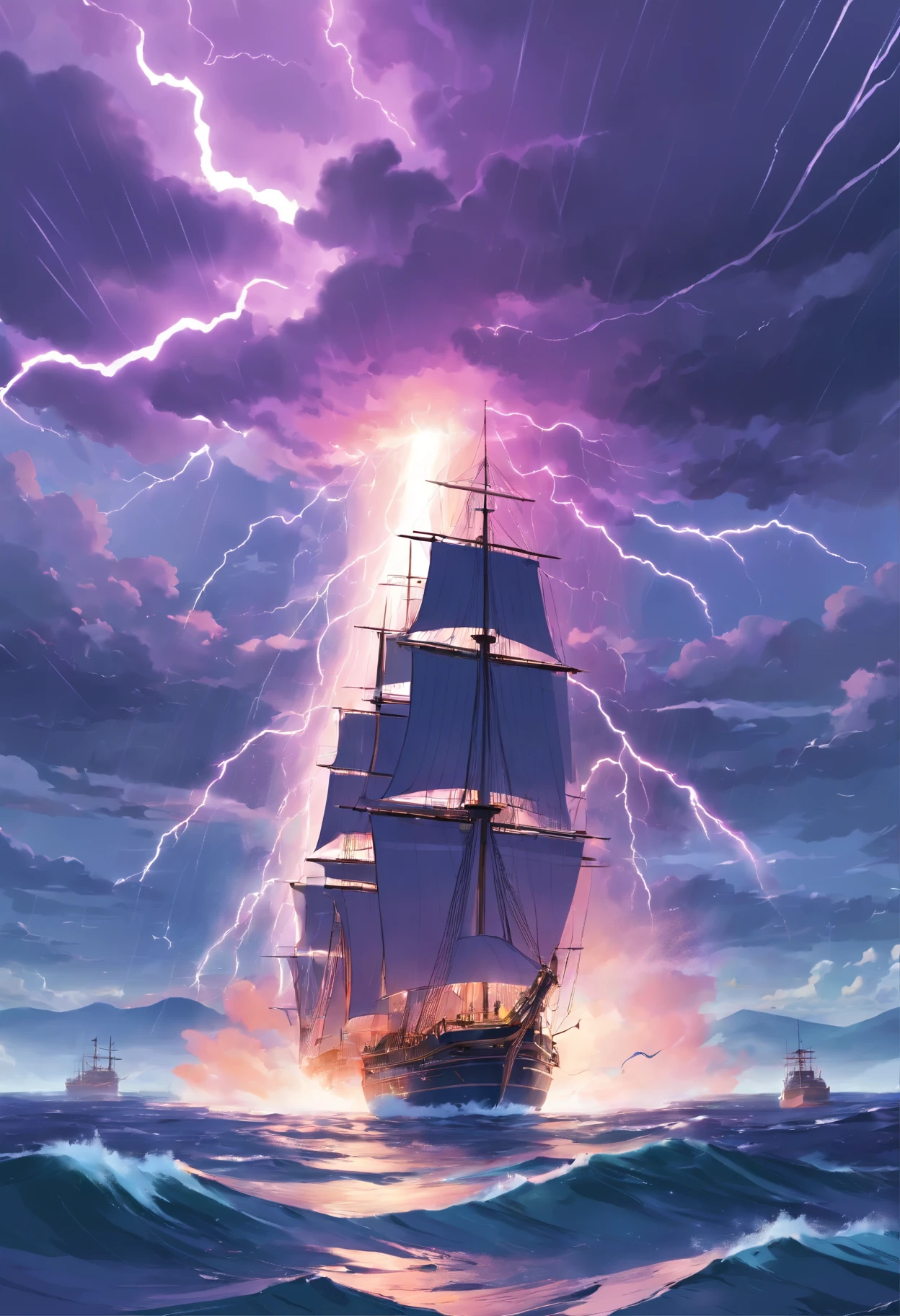 Ancient naval battles under heavy rain,The background is a waterspout,and purple thunderbolts in the distance