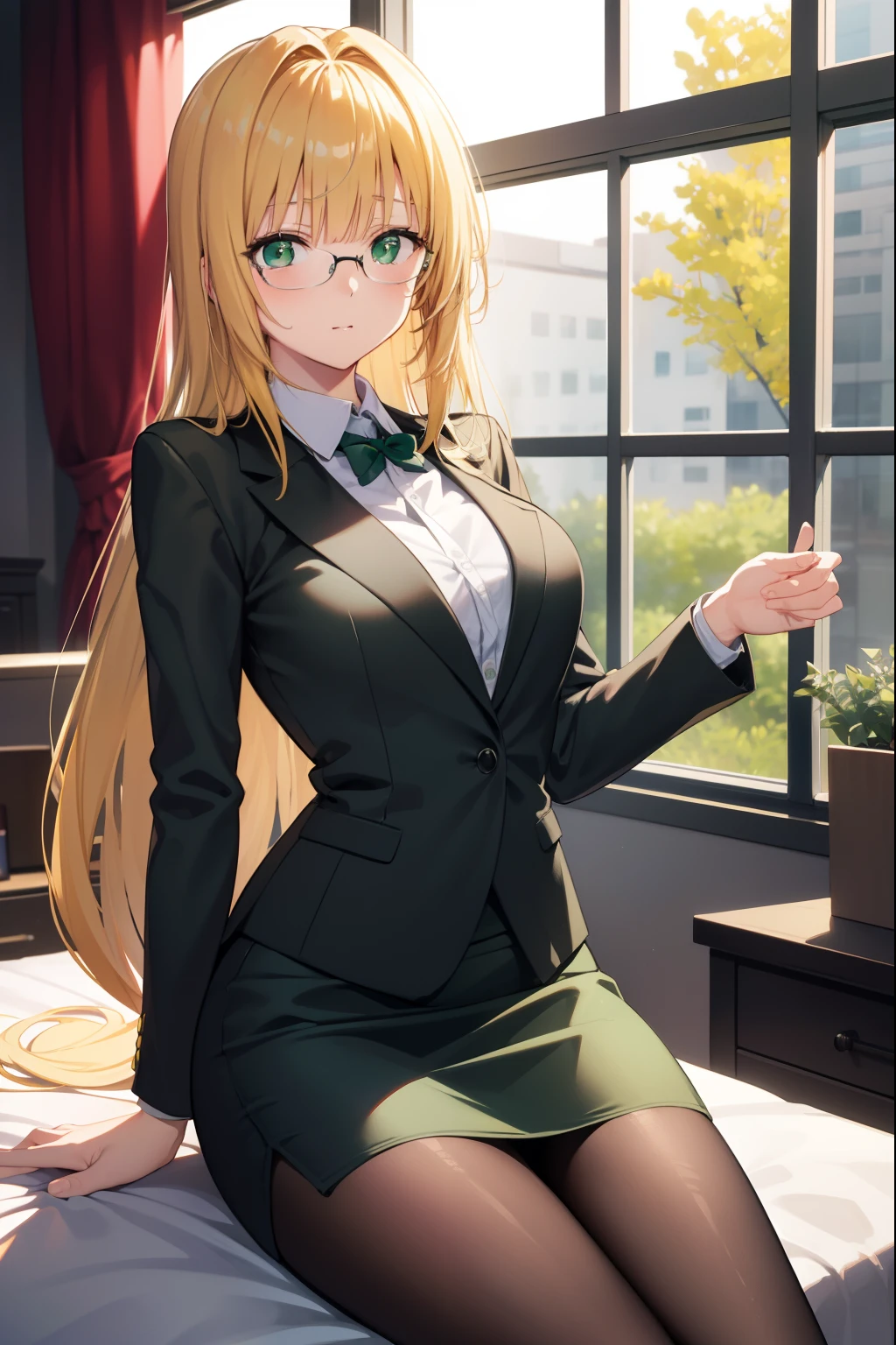 Lunatierke Tiaguet, Whimsical tears, Blonde hair, (Green eyes:1.5), Hair intake, Long hair, low-tied long hair, Glasses,
Breaking a business suit, Formal, Jacket, pantyhose, pencil skirts, Skirt, Skirt suit, Suit, thighs thighs thighs thighs, Black Suit, Black jacket, Black skirt,
BREAK looking at viewer,
Break indoors, crass room,
BREAK (masutepiece:1.2), Best Quality, High resolution, Unity 8k壁纸, (Illustration:0.8), (Beautiful detailed eyes:1.6), extra detailed face, Perfect Lighting, extremely details CG, (Perfect hands, Perfect Anatomy),