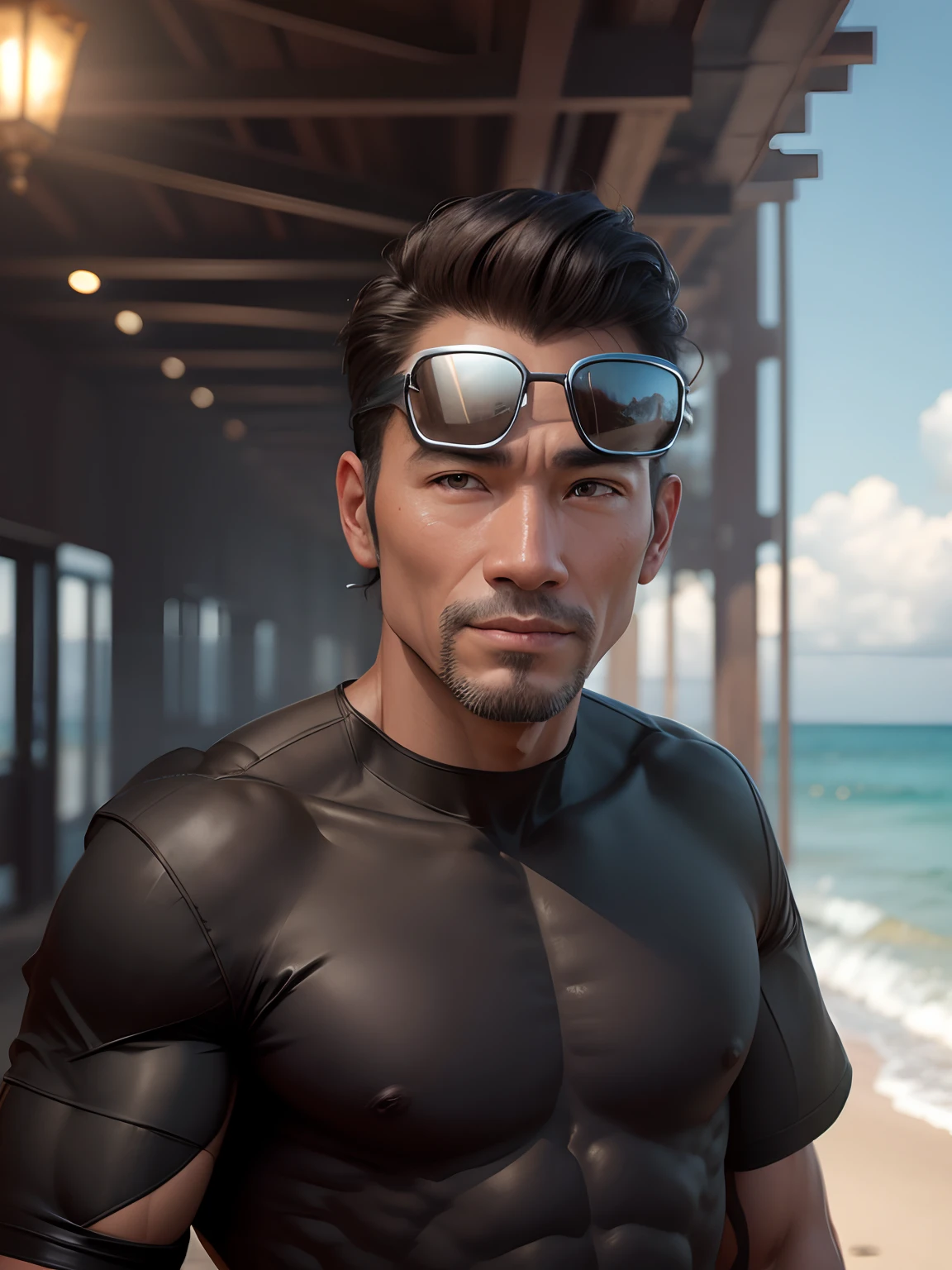 put the realistic face bodybuilding man and cheng background to ocean view