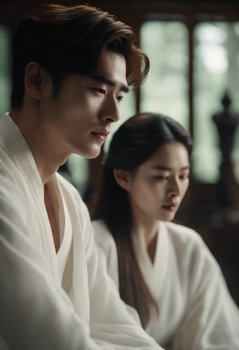 a pair of men and women, sitting close to each other, wearing white clothes, the woman has long hair, the man looks like the actor Lee Jong Suk,