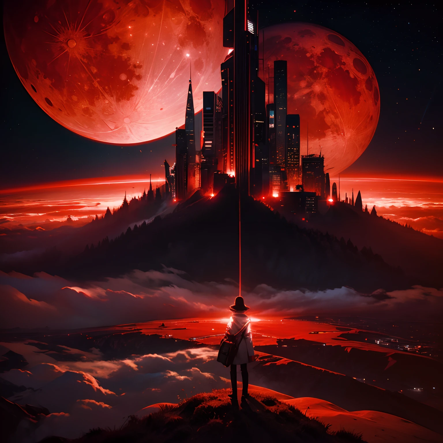Masterpiece, (Perfect Quality), (Red & White),In Plane Landscape, (Night metropolis), (Huge red moon), mist