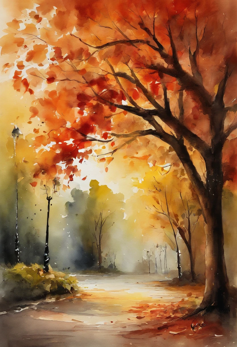 Old residential complex，Red brick building，Big banyan tree，Clean pavement，Fallen leaves，autumnal，in the early morning，Light yellow tones，super-fine，Carefully portrayed，high qulity，8k，Miyazaki animation style