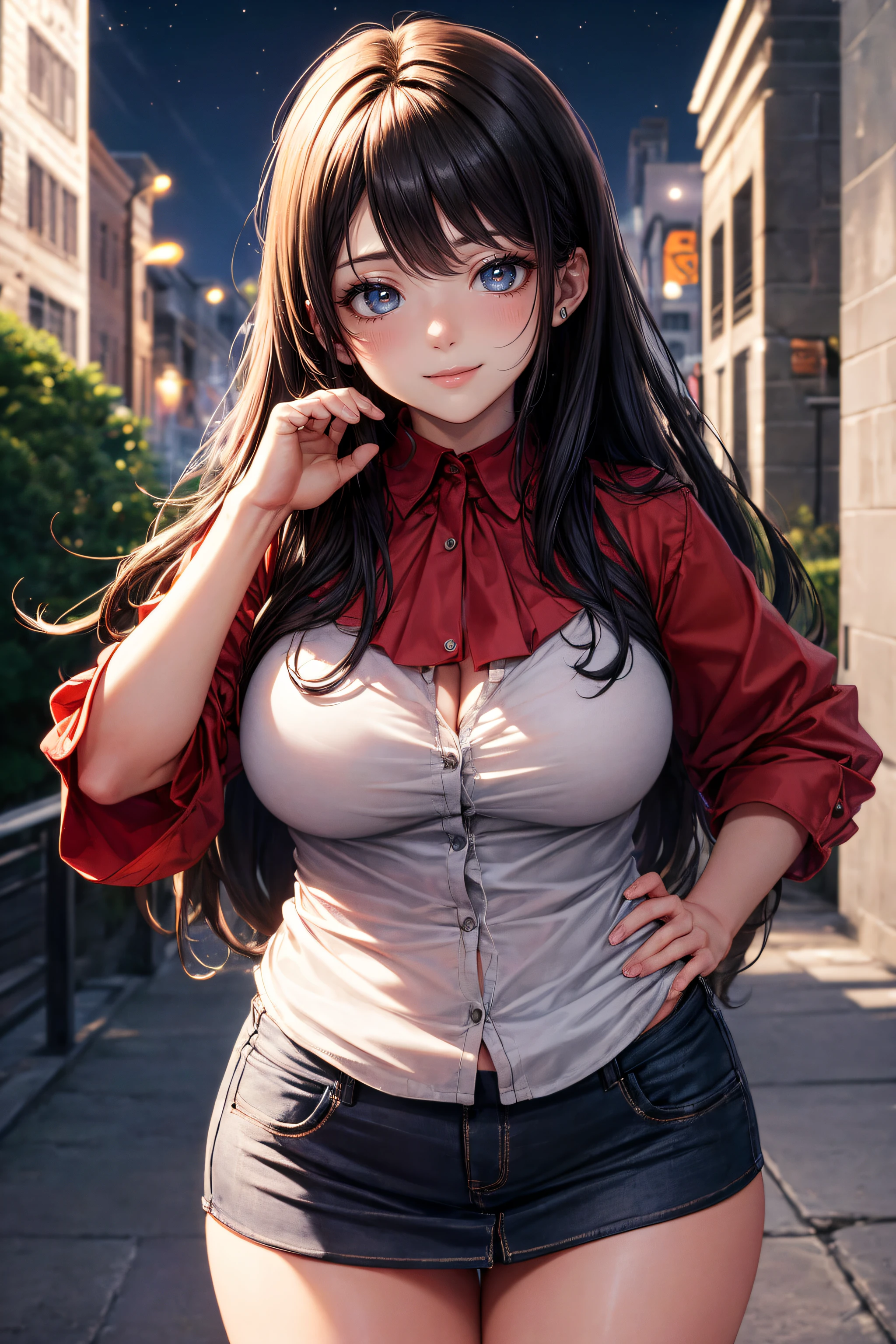 ((A beautiful and cute woman is changing her clothes)), ((A 22-year-old beauty)), ((A shy smile)), ((Long shiny hair)), ((A plump bust)), ((Miniskirt)), ((Blouse)), ((Gradient eyes)), ((The background is a night view of the city)), Attractive makeup, Single view, NFFSW, UHD, Retina, Masterpiece, Accurate, Anatomically, Scientifically Correct, Textured Skin, Super Detail, High Detail, High Quality, Award Winning, Top Quality, High Resolution, 1080P, HD, 4K, 8k, 16k